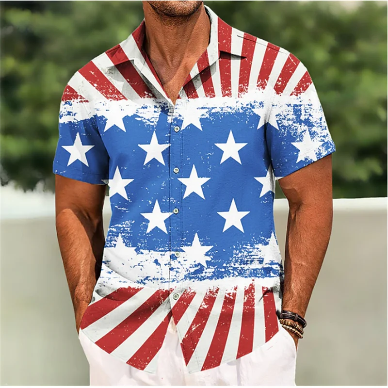 Bandeira americana impressão camisa de lapela para homens, manga curta, streetwear ao ar livre, designer de moda, casual macio camisas extragrandes, XS-5XL, 2023