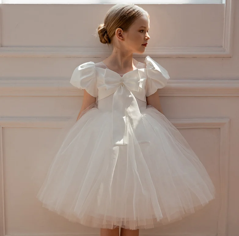 Retail New Baby Girls Boutique White  Flower Bow Mesh Dress, Princess Kids Elegant Party Birthday Mesh Dress  3-7T