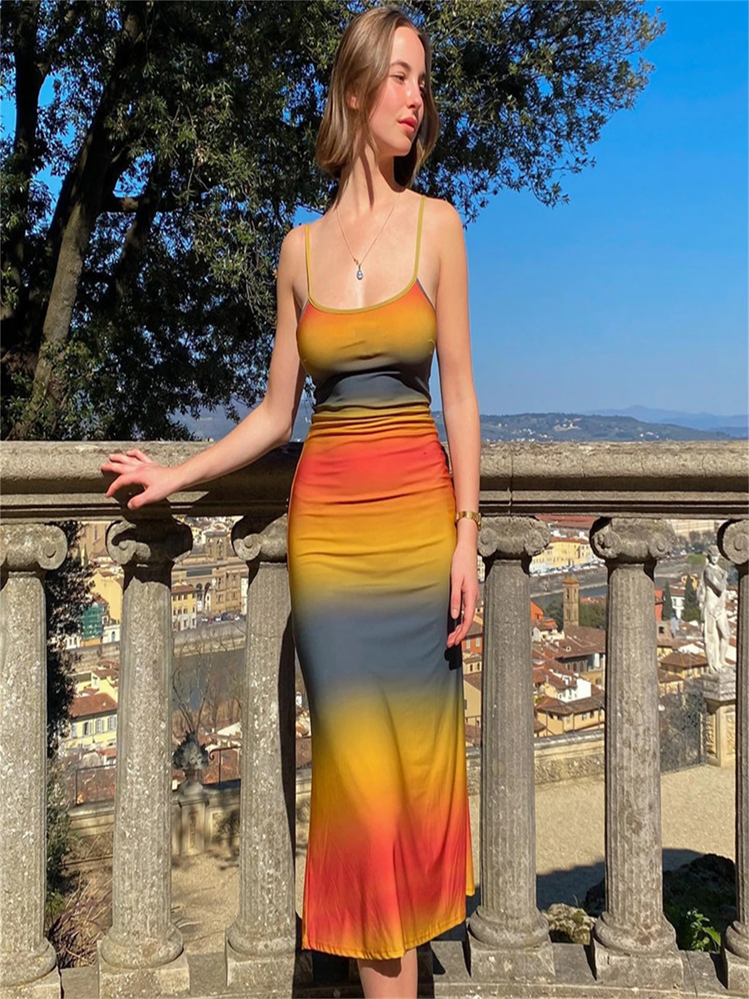 

Women Summer Rainbow Tie dye Print Long Dress Sexy Low-cut Spaghetti Strap Backless Slim Fit Sundress Holiday Party Beachwear