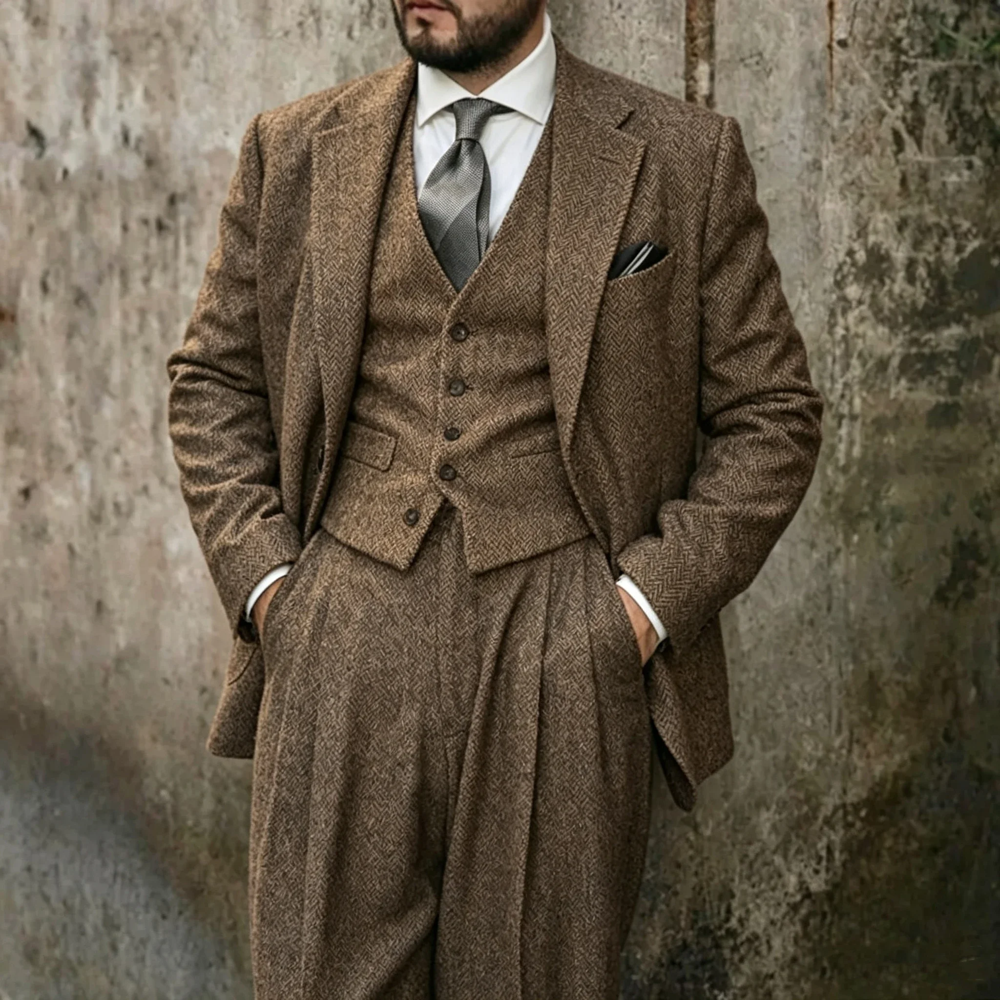 Classic Men's Suit 3pcs Camel Tweed Herringbone Set Slim Fit Peak Lapel Retro Dress Tuxedo for Wedding Groom Blazer Ves Pants