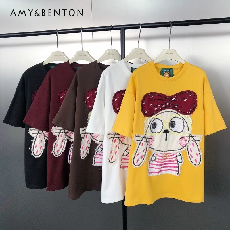 

Japanese Age-Reducing Pure Cotton Top Fashion Cartoon Rabbit Sequin Patch Cute Loose Slimming O-Neck Short Sleeved T-shirt Women