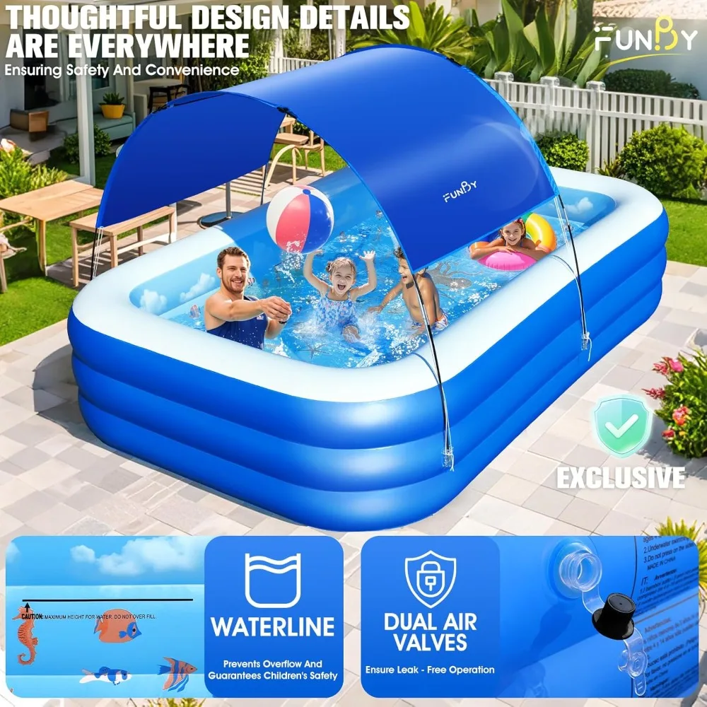Inflatable Pool with Canopy,Upgraded Inflatable Swimming Pool for Kids,Adult,Large Inflatable Blow up Pools, for Backyard-Blue