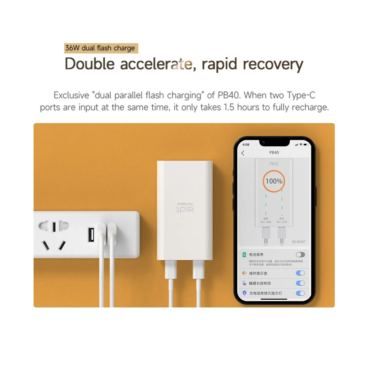 ISDT-cargador portátil PB40, batería externa de 10000mAh, Max, 36W, USB-C Dual, carga rápida para iPhone 14, 13, 11, iWatch, Samsung S20