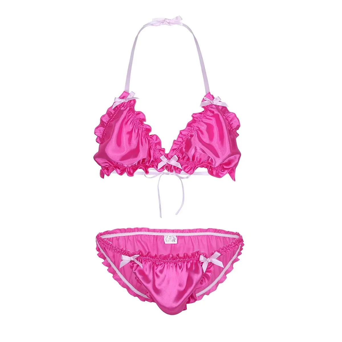 

Men Sexy Lingerie Set Gay Sissy Crossdresser Soft Satin Underwear Ruffled Frilly Shiny Halter Bra Top and Briefs Bikini