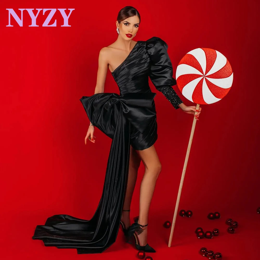 NYZY P176 Customized Short Prom Dresses Black 2025 Hi-low Satin One Long Sleeve Birthday Date Cocktail Party Formal Gowns