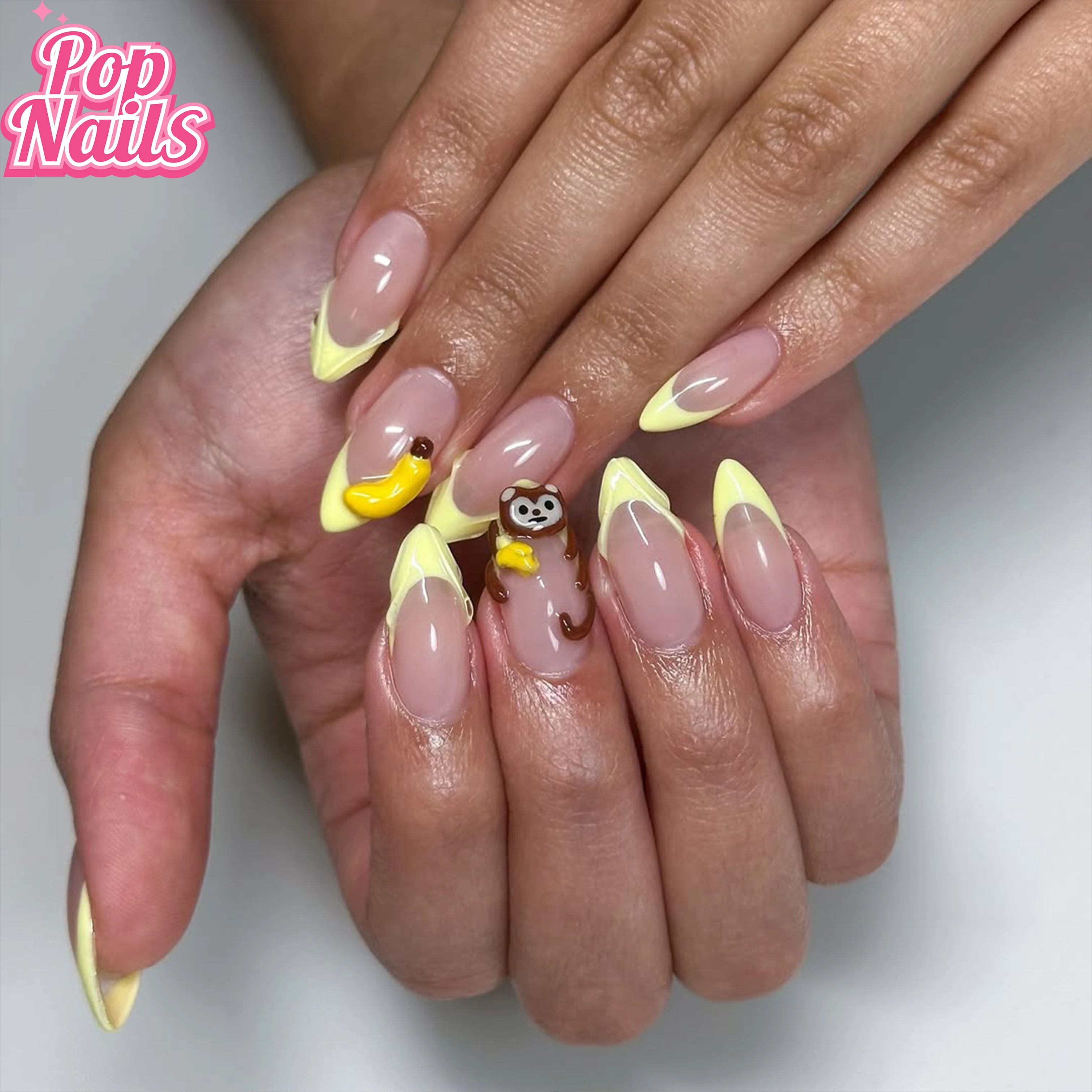 

Yellow 3D Monkey Press on Nails Acrylic Almond Cute Nail Handmade Monkey Presson Summer Thick Acrylic Press on Nail False Nails