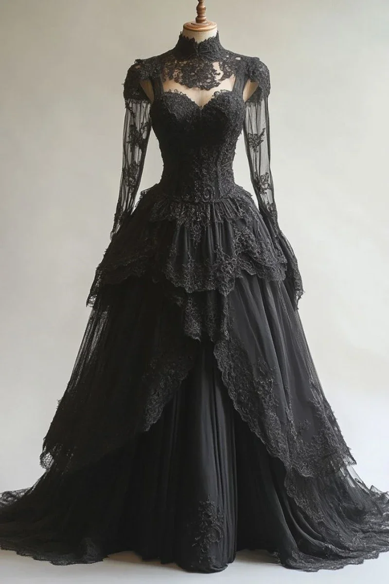 Vintage Black Wedding Dresses Long Sleeves Lace Appliques Gothic Bridal Gown High Neck Classic Vestido De Novia Customized