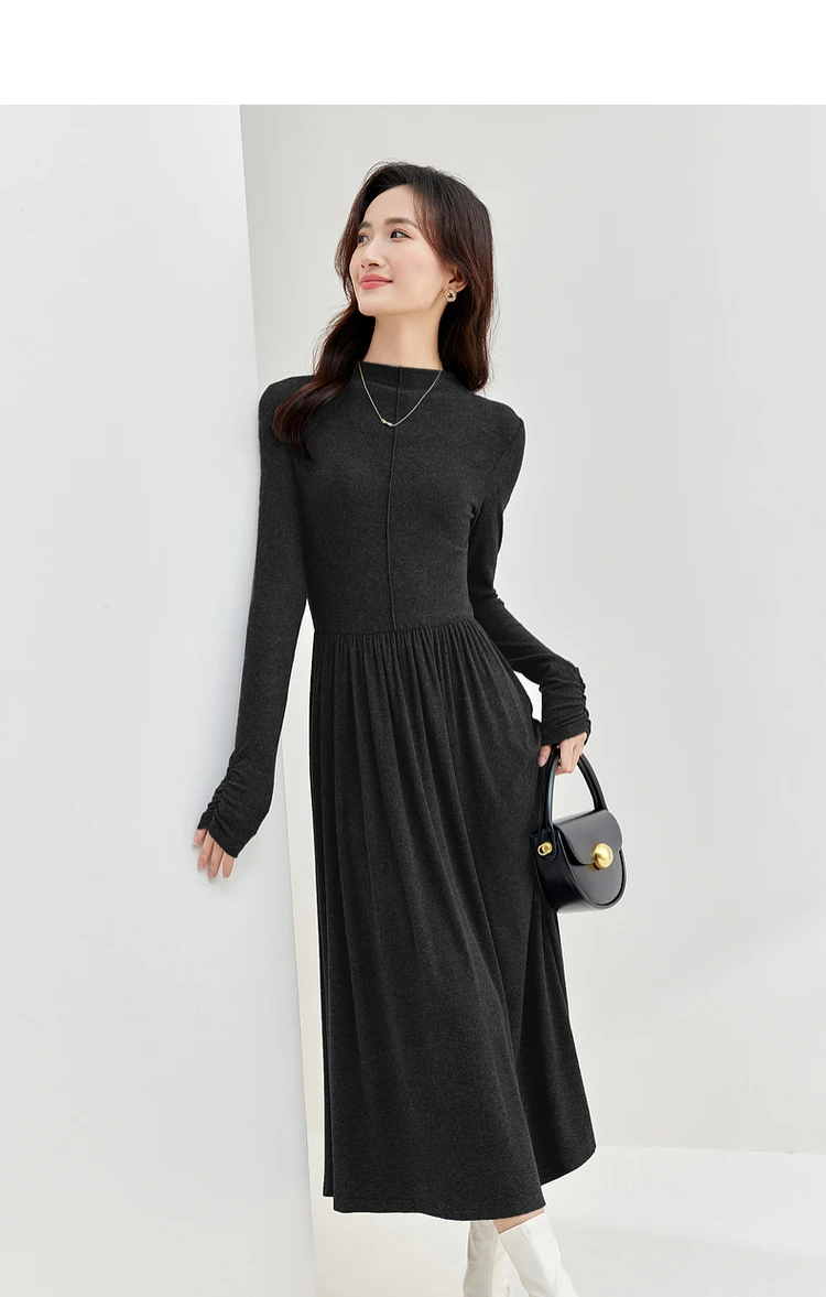 SENTUBILA Knitted Slim Womens Dresses 2024 Winter Black Half High Neck Shirring Sleeve A-line Elegant Midi Dress 144L58348