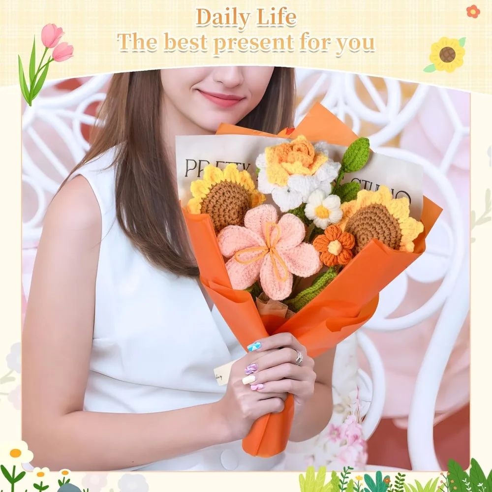 باقة زهور كروشيه هدايا زهور كروشيه مصنوعة يدويًا، ورود كروشيه توليب عباد الشمس 7 قطع لعيد الأم وحفلات الزفاف وأعياد الميلاد #5
