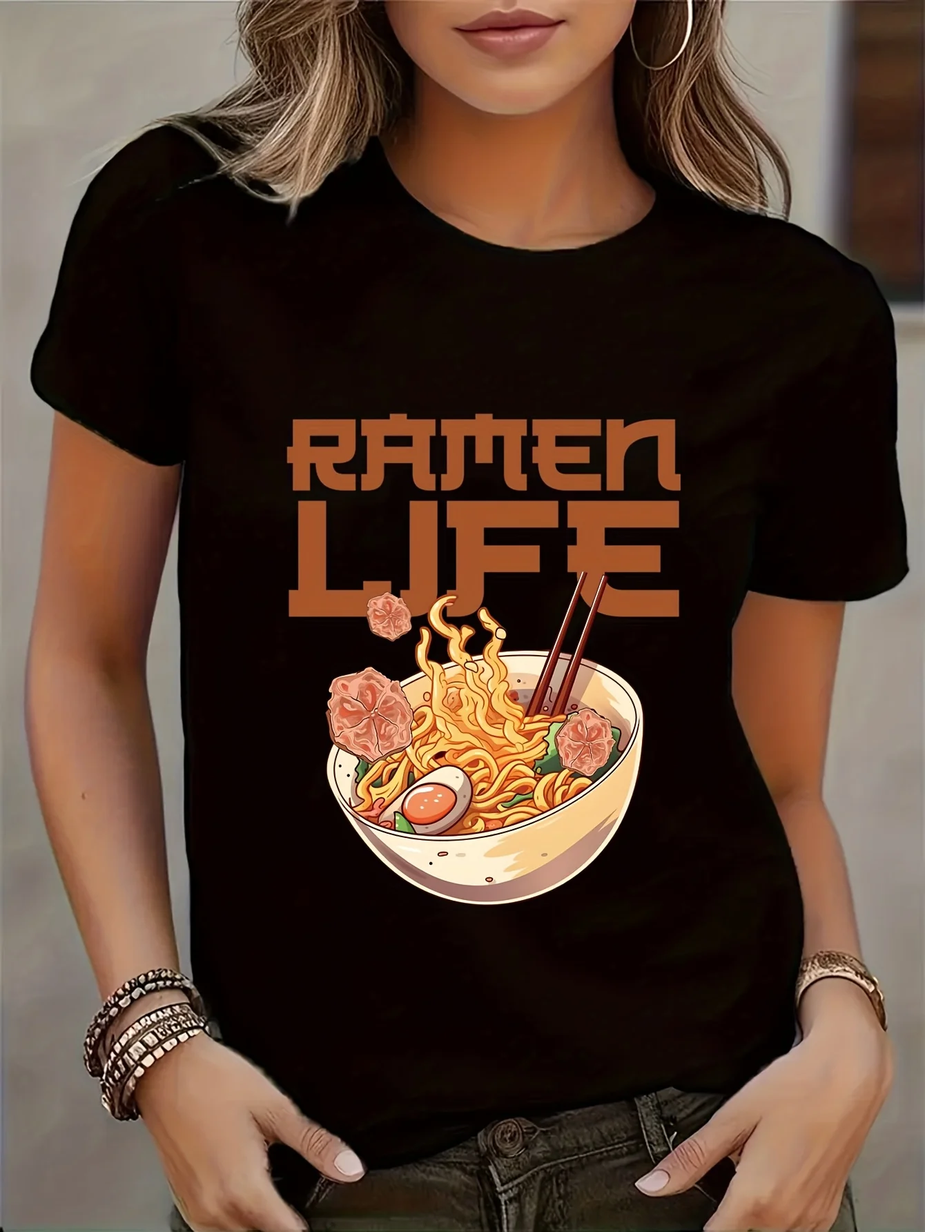 Ramen Lover Women Graphic T Shirt Soft Polyester Blend Short Sleeve Casual Tee Bold Lettering Ramen Bowl Print Round Neck Top