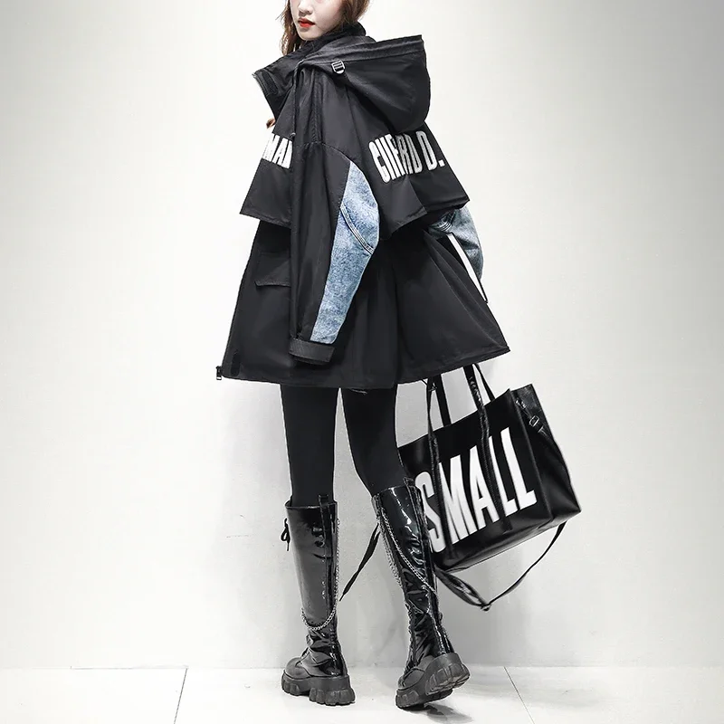 

Pop Spliced Trench Coat For Women's Spring Autumn New Korean Version Loose Mid Length Clothing Windbreaker Trend