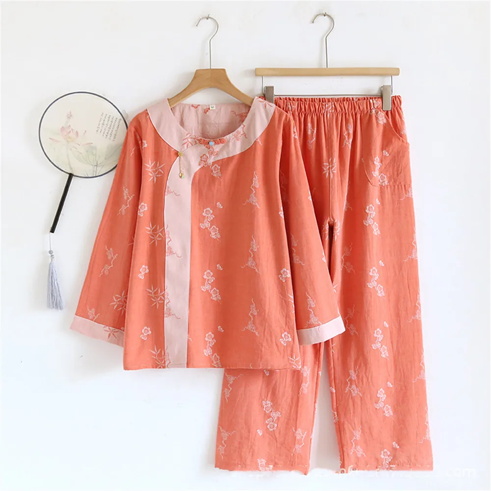 Women's Jacquard Cotton Pajama Set Round Neck Long Sleeve Pullover Pants Home Clothes Two Piece Set