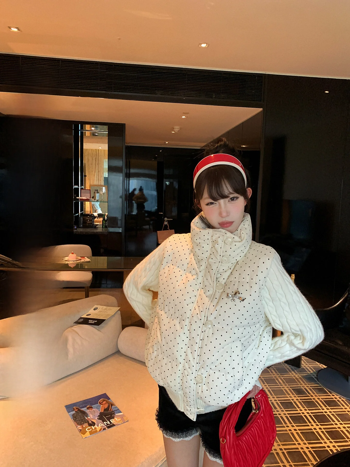 

Pinksoya Polka Dot Splicing Long Sve 90 White Du down Jaet Women Winter Korean Sle Stand Collar Warm Thiened Coat