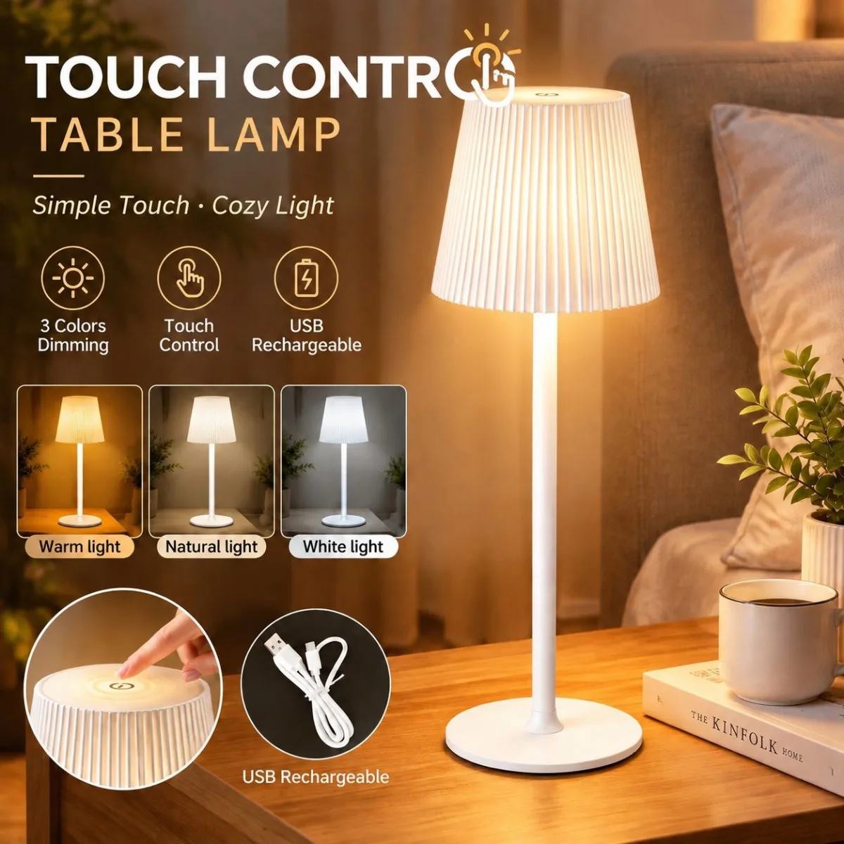 Retro Atmosphere USB Charging LED Table Lamp Touch Three Color Temperatures Decorative Lighting for Dining Room Bedroom Living
