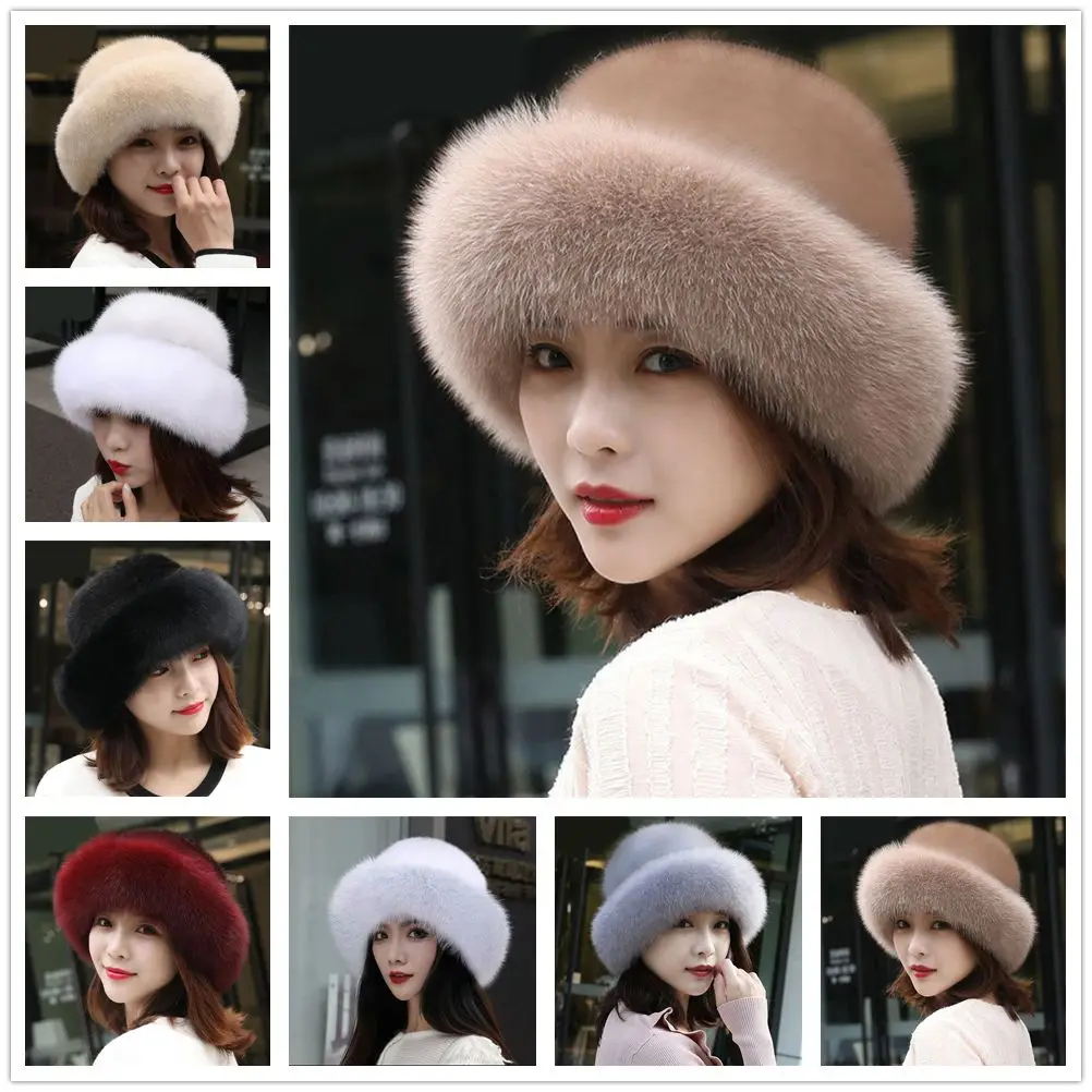 Winter Women\'s Faux Fur Hat Lady Rabbit Fur Warm Cap With Faux Fox Fur Brim Earmuffs