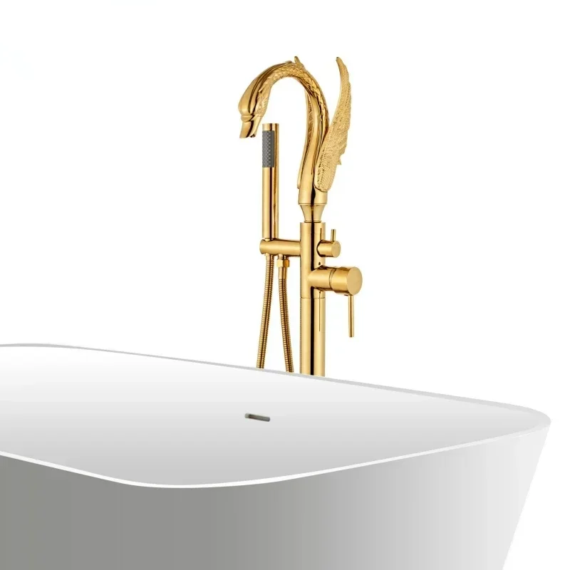 Gold Swan Floor Stand Bathtub Faucet Cold and Hot Water Bathroom Crane Black Chrome Bath Shower Mixer Tap Bathroom Faucet