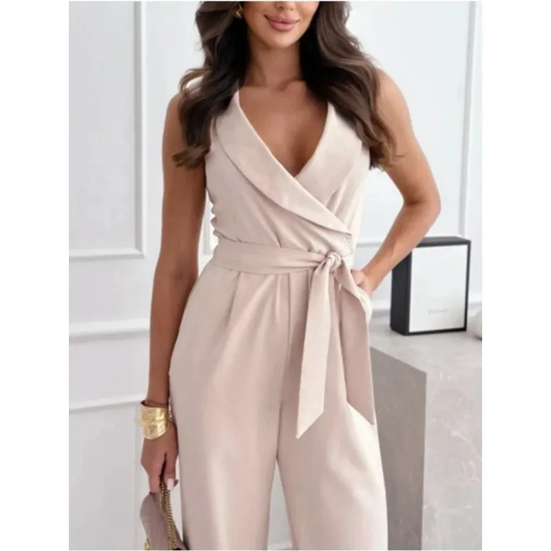 Spring/Summer Commuter Women's Jumpsuit with Wide Legs Sleeveless Lapel High Waist Strap Casual Vacation Women's Jumpsuit