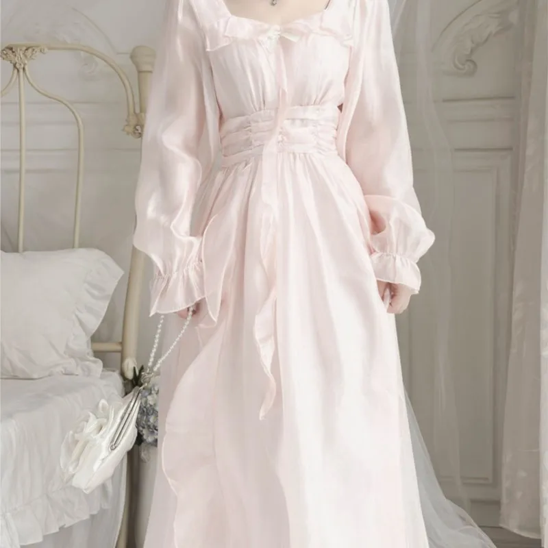 Gentle First Square Collar Ruffled Pearl Powder Super Fairy Solid Color Girl Dress