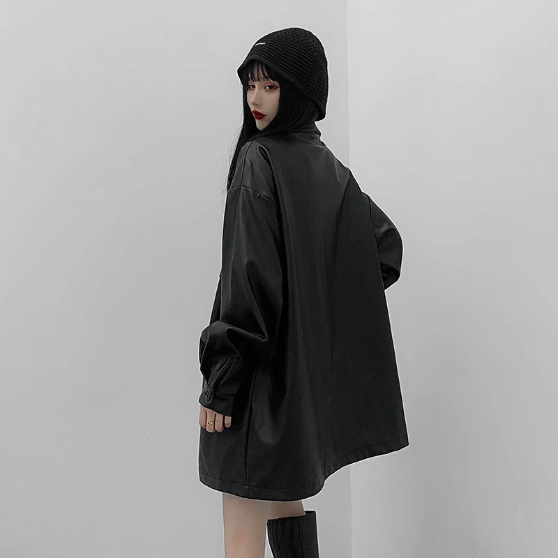 Japonês casual feminino solto jaqueta de couro moto outerwear coreano high street coat chic streetwear manga longa preto de couro topos