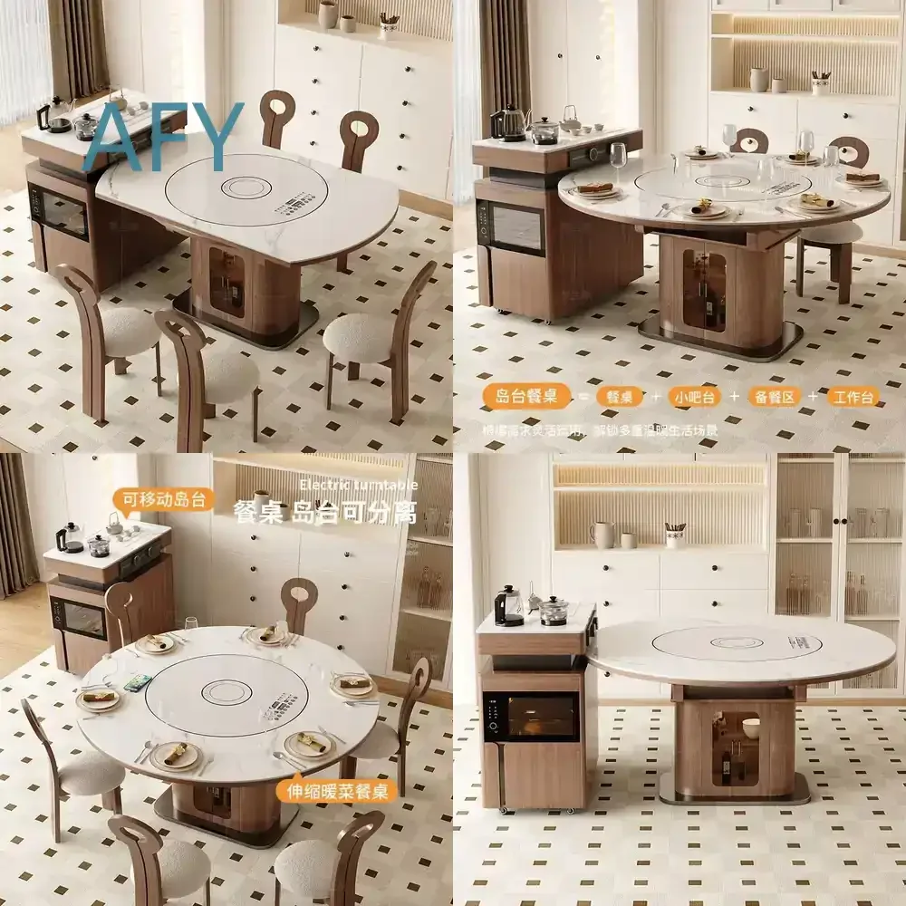 Dingyue New Chinese Style Island Counter Quartz Stone Tea Table Dining Table Set Luxury Warm Dish Induction Cooktop Rotating