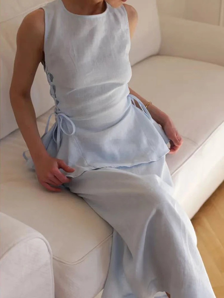 Lady Elegant Side Tie Up Vest+Skirt 2pc Set Chic Solid Waist Cinch Commute Suit Casual O-Neck Sleeveless Lotus Leaf Swing Outfit