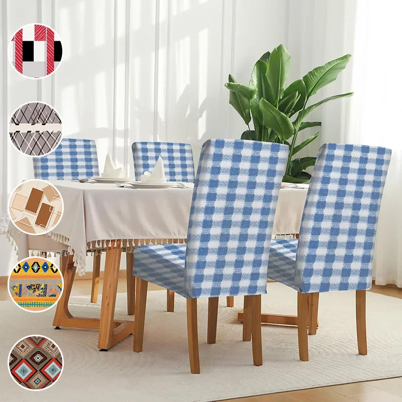 

Elastic dining chair cover, checkered bohemian print pattern, removable and washable household dining chair cover