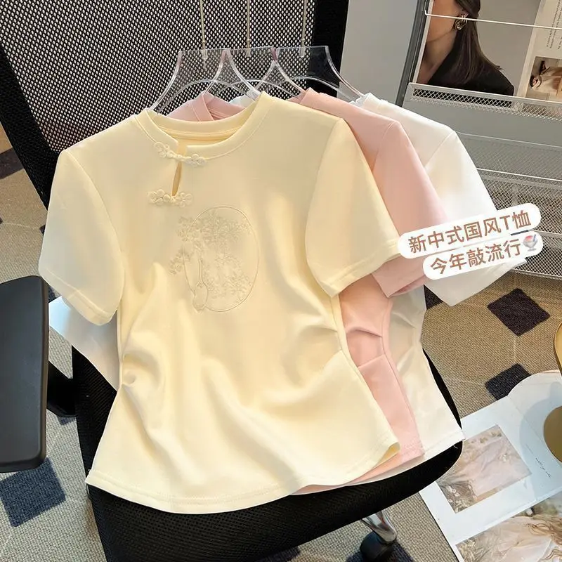 

Plus-size women's spring and summer new Chinese style mandarin collar national style embroidery pleated short-sleeve T-shirt