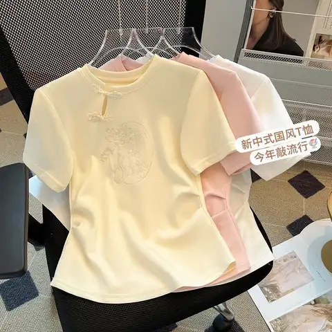 Plus-size women's spring and summer new Chinese style mandarin collar national style embroidery pleated short-sleeve T-shirt