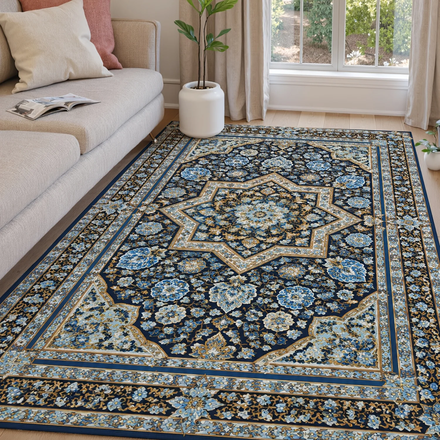 [2d Flat]Persian-inspired Design Featuring Eight-pointed Stars And Floral Motifs, Complemented By An Ornate Border Of Blue And Gold blossoms—perfect For Decorating Living Rooms, Sofa Areas, And Bedrooms.