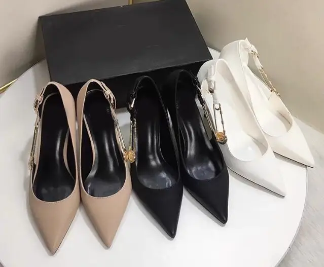 

Carpaton Sexy Pointed Toe Button Decorations Women Pumps Black Nude White Leather high Heels Big Size Sandals