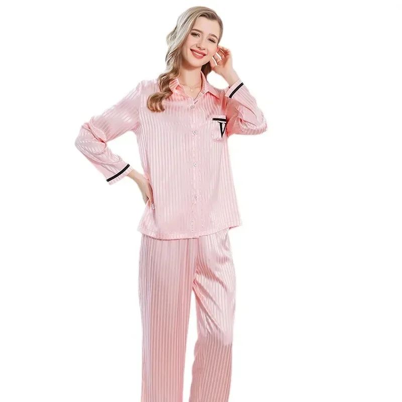 Autumn and winter new pink striped jacquard striped pajamas women's long-sleeved trousers set loungewear