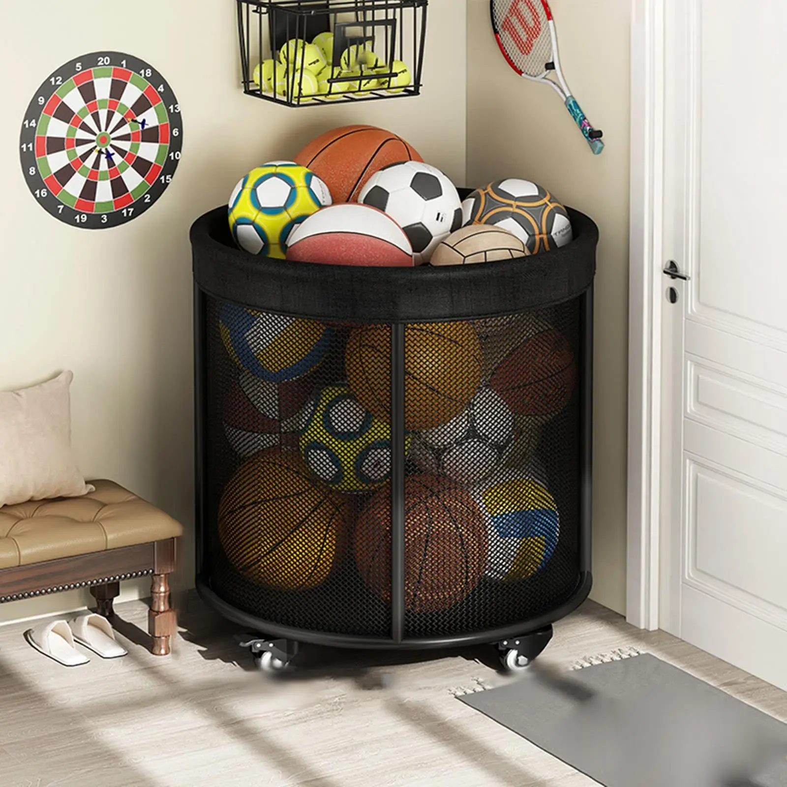 

Ball Storage Holder with Wheels Equipment Ball Rack for Badminton Soccer Gym