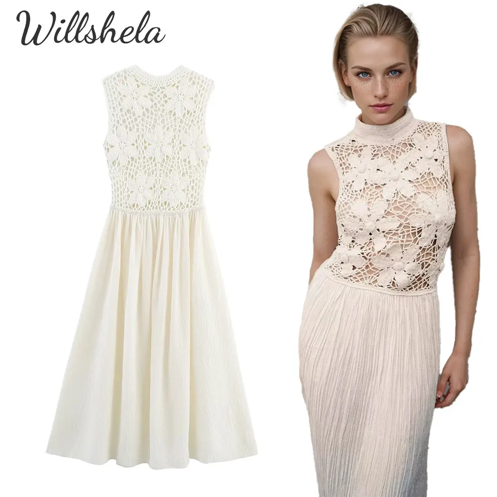 

Willshela Women Fashion Sleeveless Patchwork Midi Dress Hollow Out O-Neck Female Chic Lady Casual Mujer Long Vestido