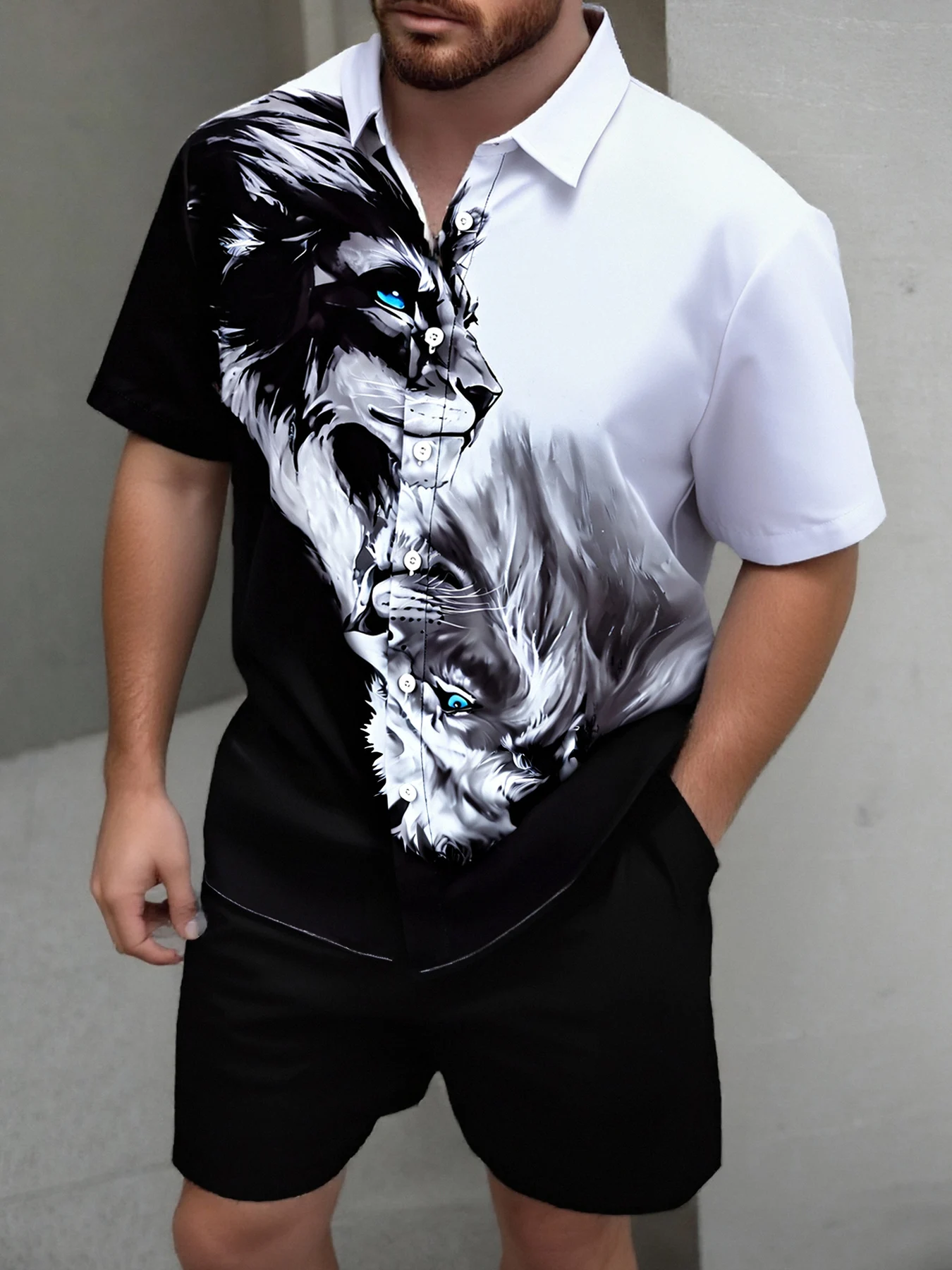 

Men's Black & White Lion Print Casual Set 2 Piece Lapel Collar Short Sleeve Shirt & Drawstring Shorts Outfit