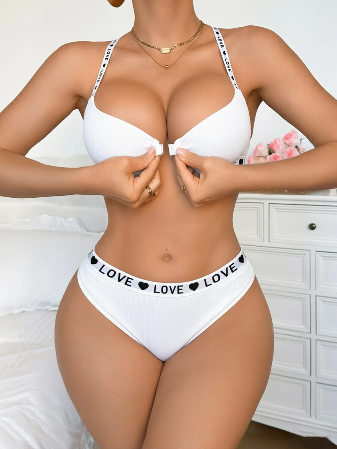 Women's Front Closure Lingerie Set Ribbed Bra Panty with LOVE Print Waistband and Adjustable Letter Straps