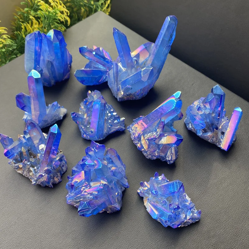 Natural Blue Angel Aura Quartz Crystal Cluster Stone Electroplating Titanium Specimens Cured  Coating Healing Crystals Home Deco
