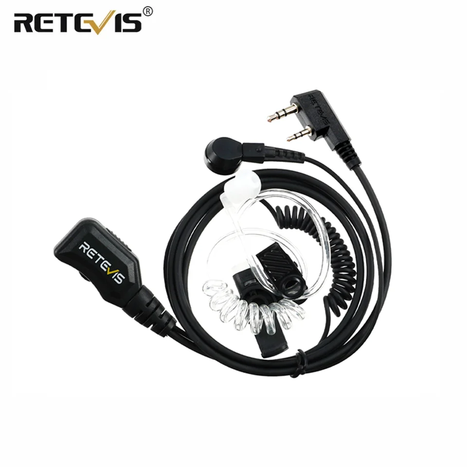 Retevis Walkie Talkie 2Pin Earpiece PTT MIC, headset tabung akustik terselubung untuk Kenwood BaoFeng UV 5R untuk Quansheng UV K5 K6 EAK007