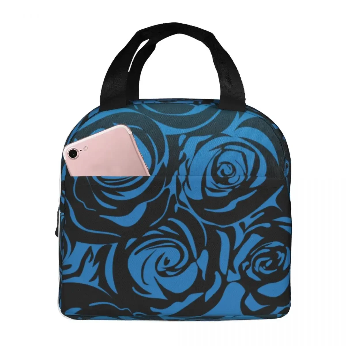 Royal Blue Navy Rose Floral Pattern Lunch Bags Waterproof Insulated Oxford Cooler Thermal Food Picnic Lunch Box for Women Girl