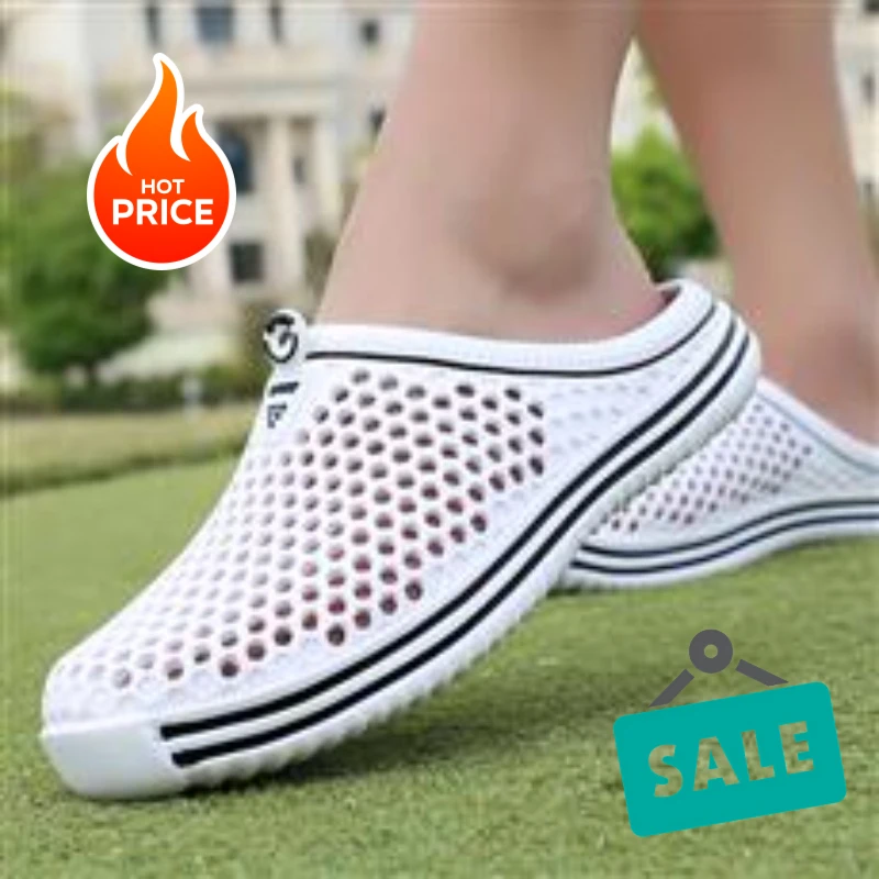 Men Women Hollow Out Half Slide Clogs, White Double Black Stripes, Soft EVA Non Slip Slippers Beach Walking Daily Footwear