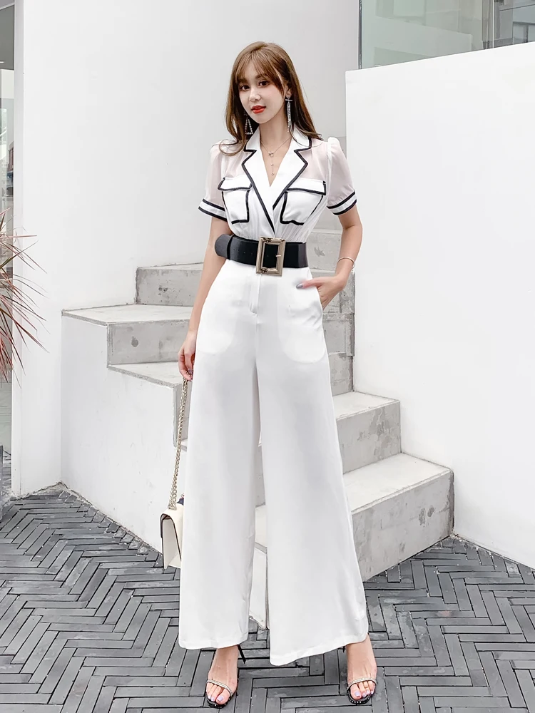 Ele عالية الخصر واسعة الساق بذلة المرأة الصيف Faion بدلة التخسيس طوق قطعة واحدة السراويل عادية عالية الخصر السراويل الطويلة