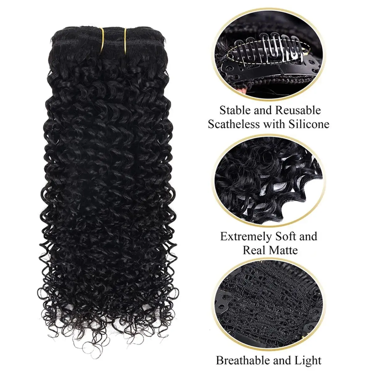 Real Kinky Curly Clip-in Extensões de Cabelo para Mulheres, Cabelo Remy Brasileiro, Cabelo Humano, Grampo no Cabelo, 24in, # 1B