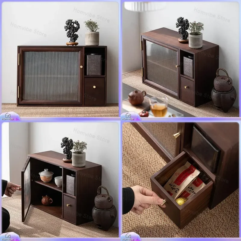Walnut Glass Storage Cabinet Solid Wood Desktop Organizer for Tea Set Teapot Cup Green Plant Display Box Home Furniture