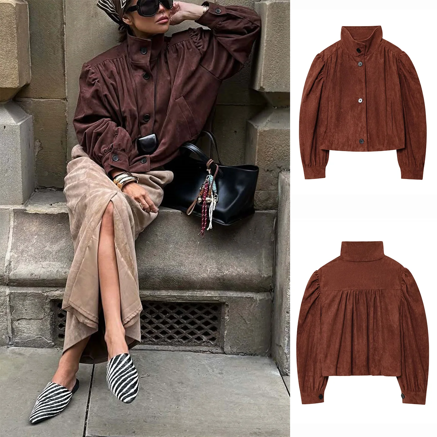 

Cool Style Women's Short Jacket Autumn New Arrival Single Button Stand Collar Long Sleeve Suede Look Pleated Outerwear Coat