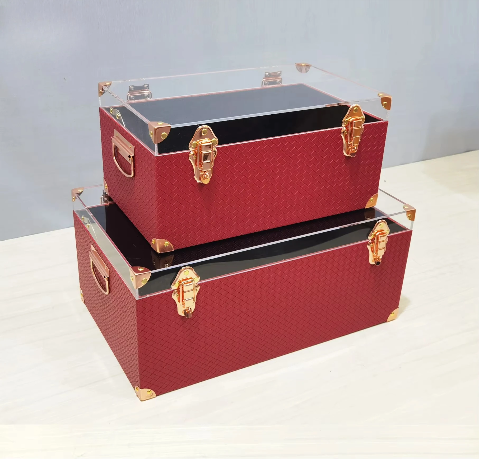 *Leather Storage White and Black and Red Set of 2  Trunk with Acrylic Lid and Rose Gold Lock Accessories