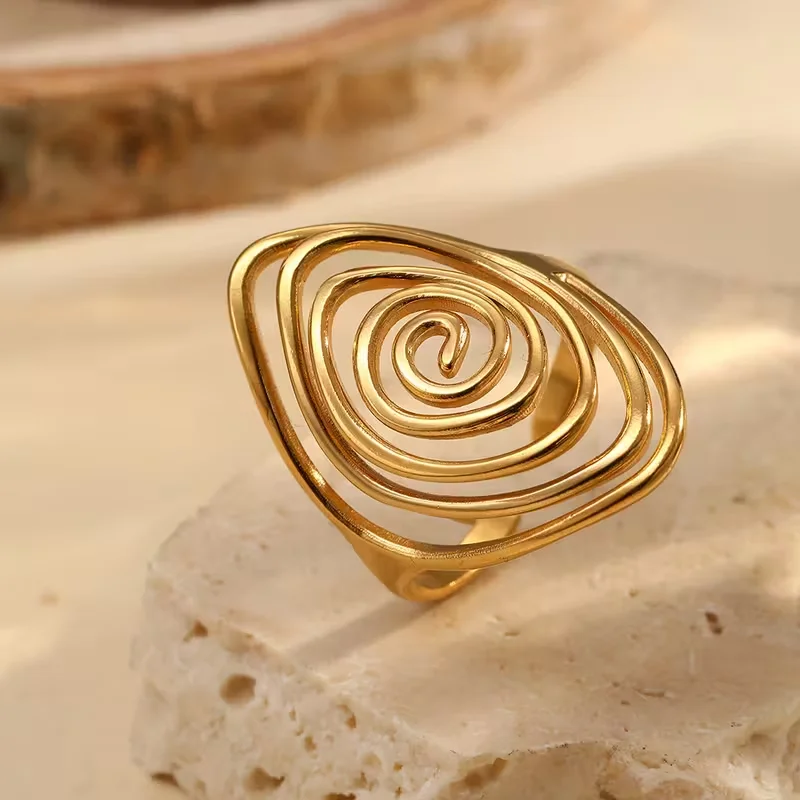 Stainless Steel Vortex Spiral Open Ring for Women Bohemian Spiral Hollow-Out Infinity Statement Rings Party Jewelry Gifts