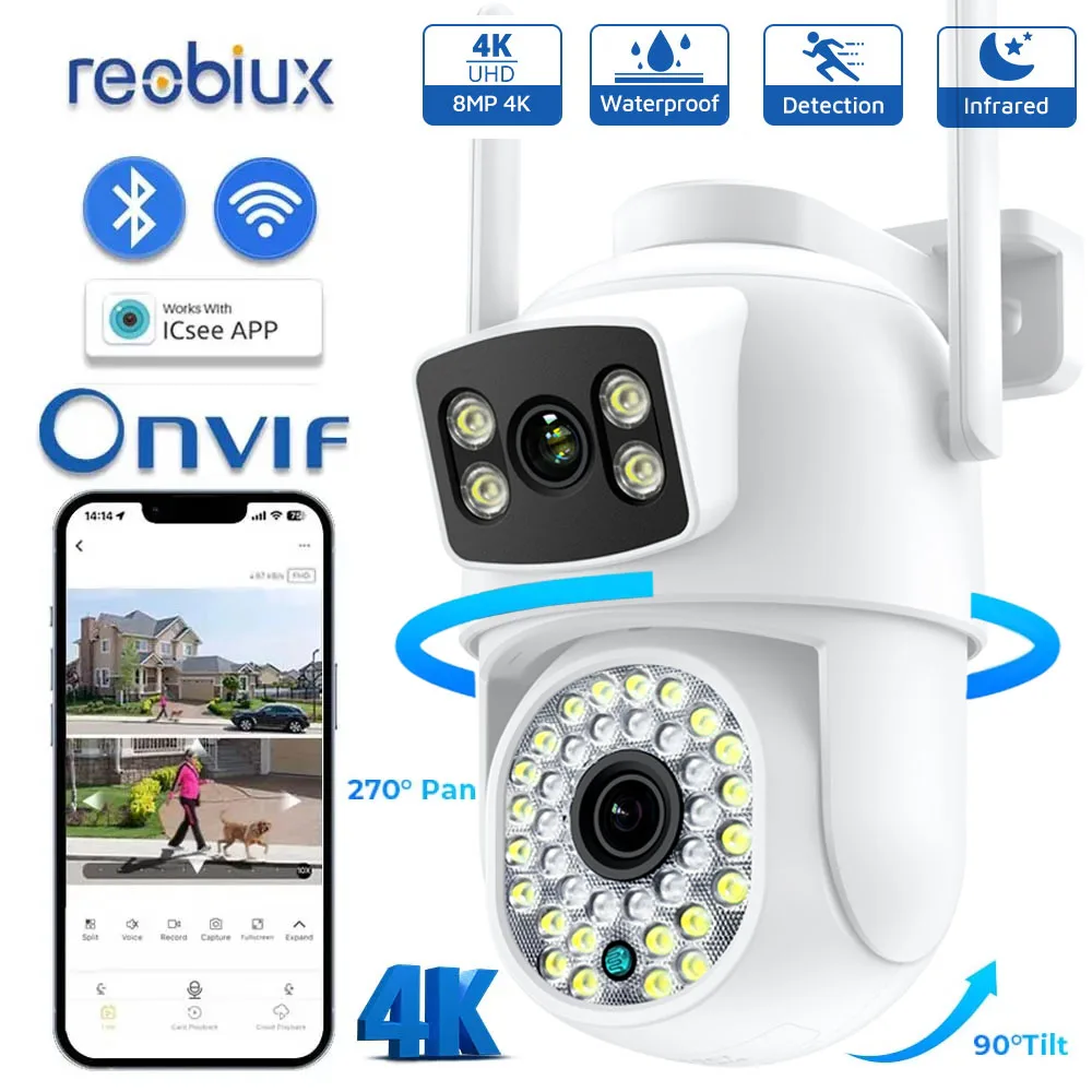 

Reobiux 8MP 4K Wifi Camera Dual Screens Ai Human Detect Auto Tracking Outdoor Wireless Security IP Camera Night Vision PTZ iCSee