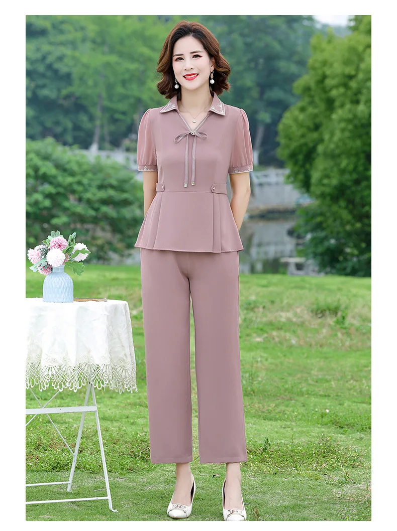 New Chinese style mom set for summer short shirt embroidered button top+pants two-piece set