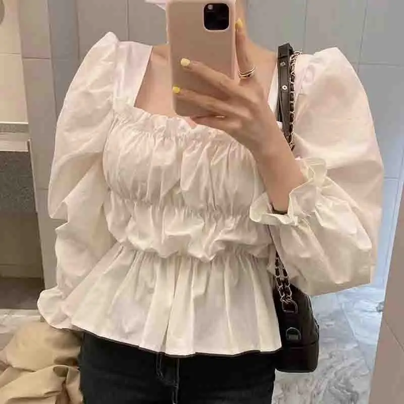 New Fashion Sweet Women Blouse 2024 White Ruffle Shirt Korean Style Square Neck Elegant Tops Long Puff Sleeve Clothing 323