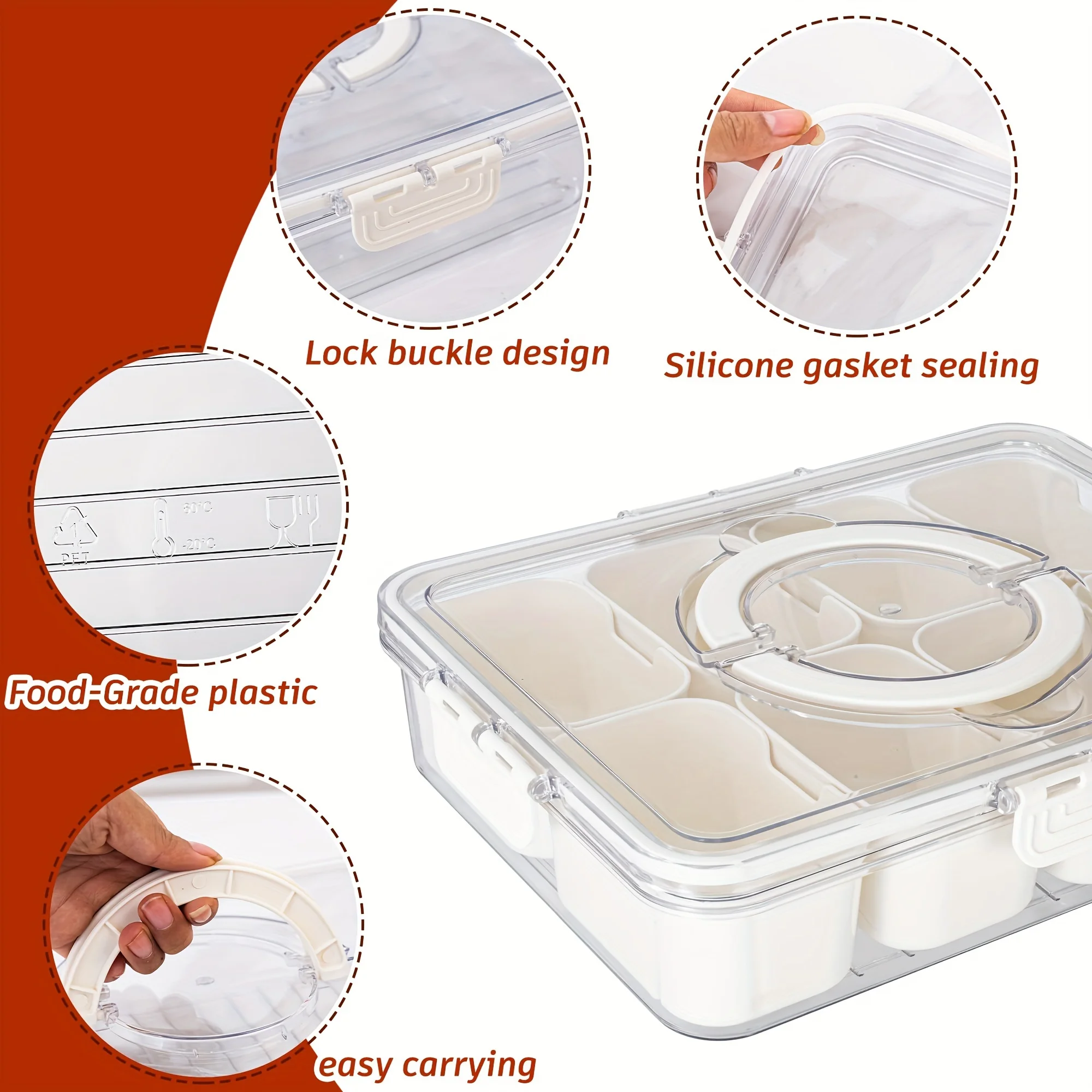 8 Compartment Square Food Storage Room Split Service Tray With Lid And Handle Portable Snack Box Cooked Food Container Transpare