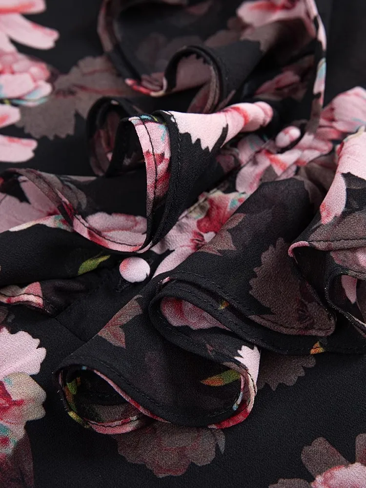 Ganzkörper-Chiffonbluse mit Blumendruck für Damen – Rüschen-Langarmshirt mit Rundhalsausschnitt, locker sitzendes, lässiges Oberteil für Frühling/Sommer